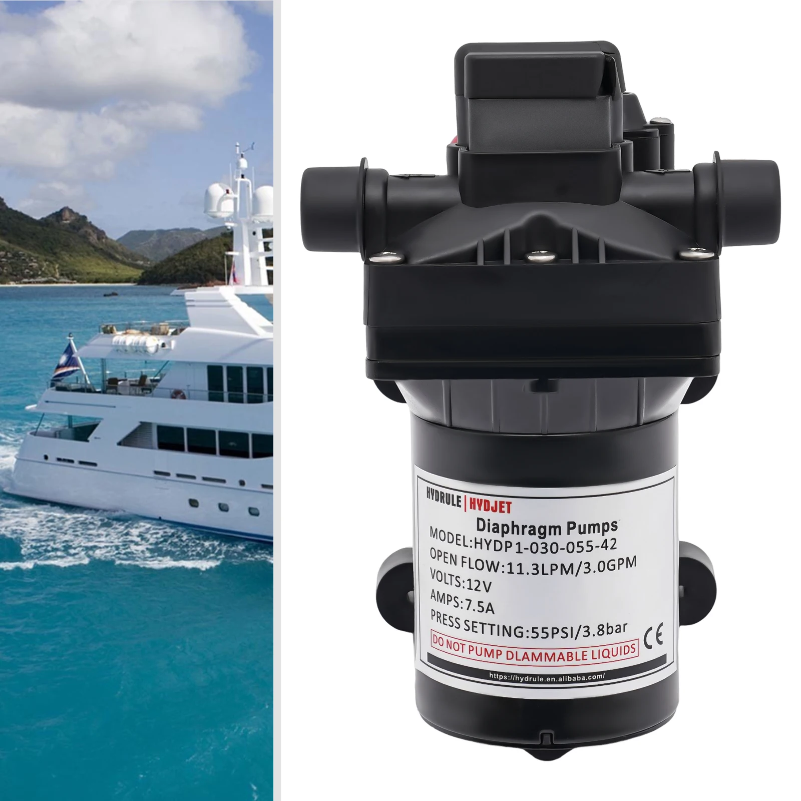 12V Elektrische Membranpumpe 3,0GPM Offener Durchfluss 55PSI Selbstansaugende Pumpe für Wasser, Waschmaschine, Pestizidsprühen mit Sieb