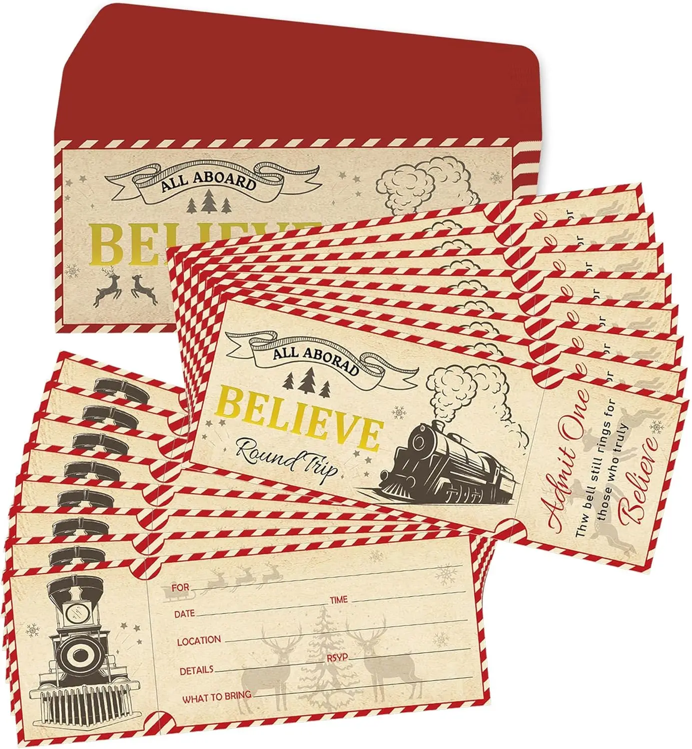 30 Set Christmas Polar Believe Ticket Invitations Letters with Envelopes 3x8 Inch-Bulk North Pole Train Tickets