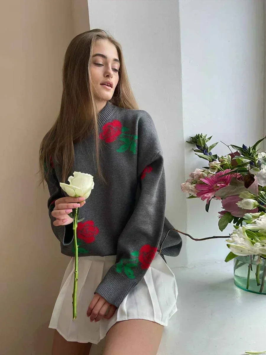 Bornladies Flower Print Fashion Sweater Women\'s Casual Loose Female Knitted Top Winter Thick Warm Oversized Knitted Pullover