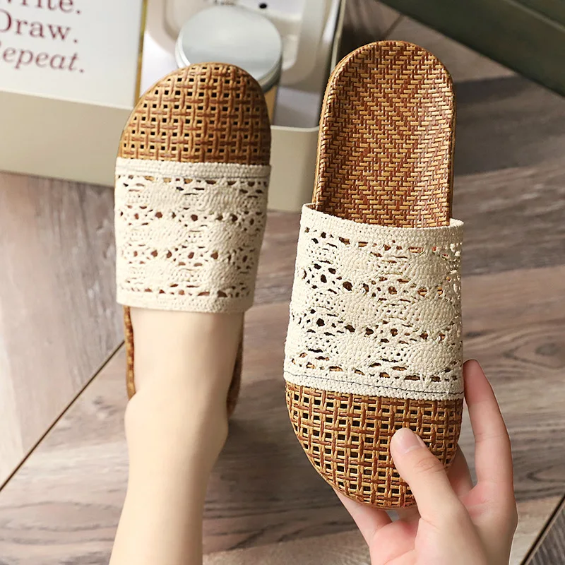 Mntrerm Summer Baotou Rattan Grass Woven Sandals, Breathable And Non Slip Rattan Woven Indoor Home Linen Slippers