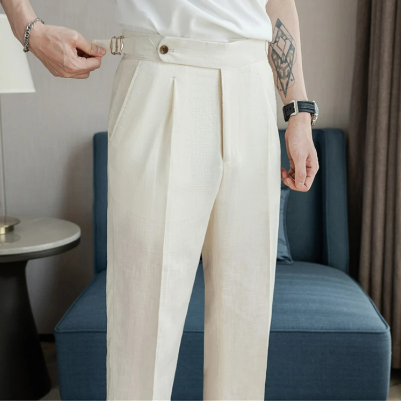 90% Linen 10% Cotton 2024 Suit Pants Naples Breathable Casual Pants Men\'s Height Suit Pant M-3XL Men\'s Straight Pants