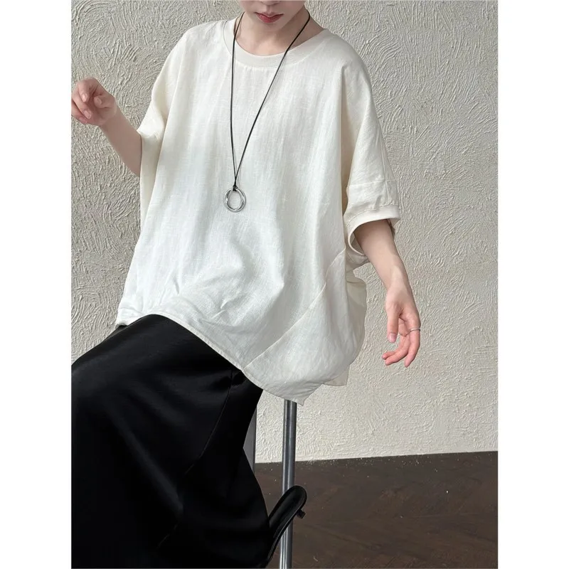 

Johnature Casual Bat Sleeve Korean Women Top Summer New Sunscreen Loose Simple Linen Pullover Shirts Blouses