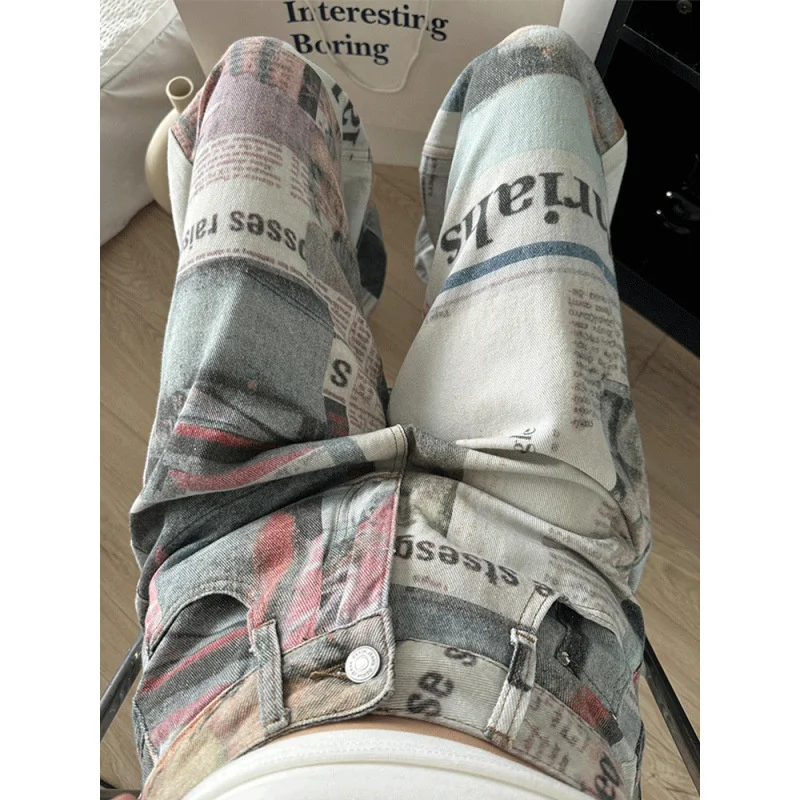 2024 Newspaper Print Design Straight Leg Wide Leg Mop Jeans Summer New Trendy Men's Women's Casual Versatile Fashion Clothing