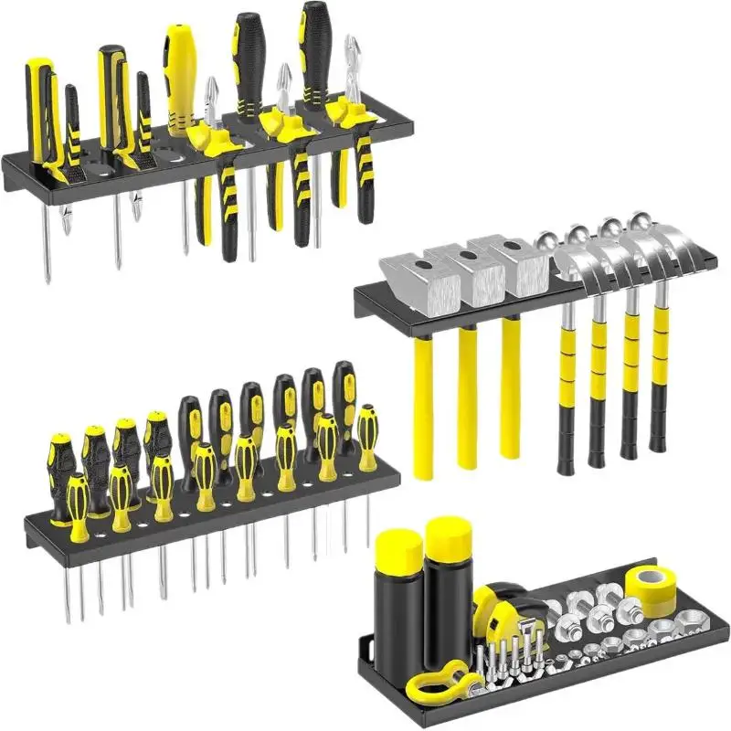 Unidad de pared de taller para almacenar herramientas metálicas como alicates, destornilladores, martillos y llaves