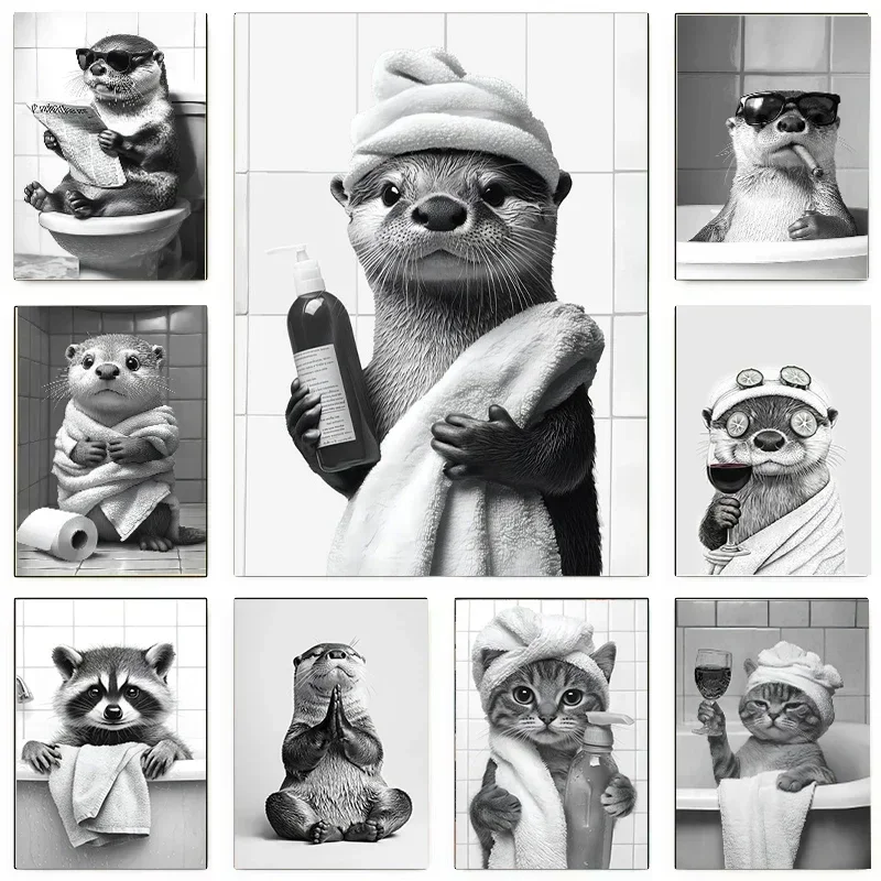 Funny Otter & Raccoon Bathroom Canvas Poster Cat Drinking Animals Black & White Wall Art Mural for Modern Living Room Home De