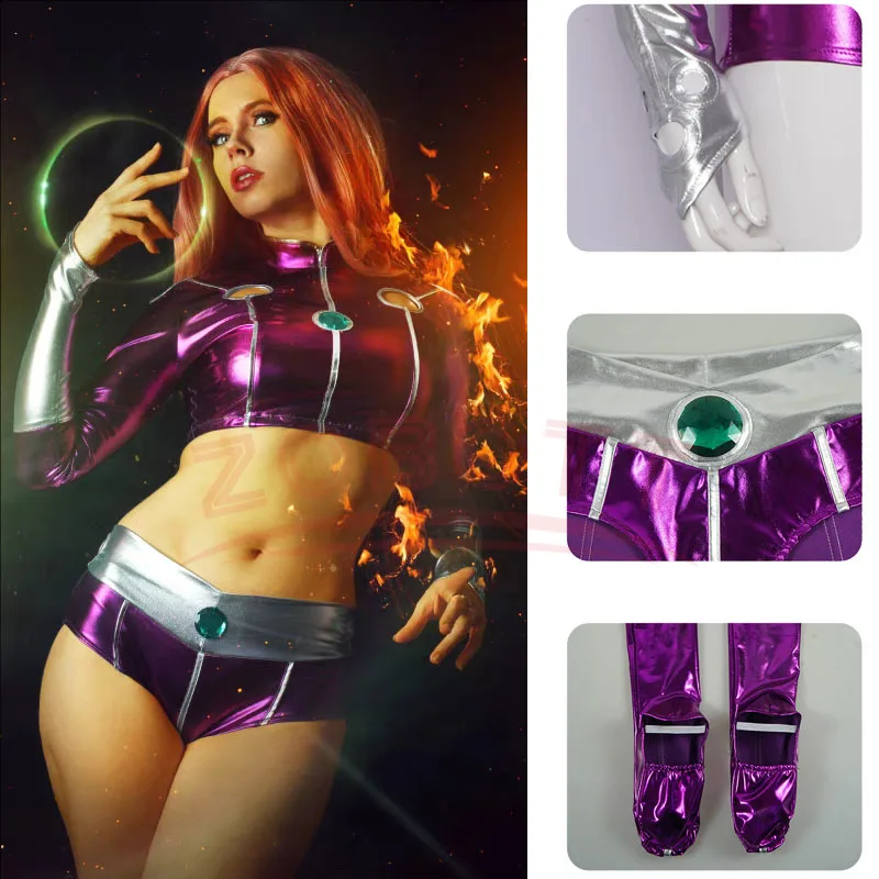 アニメ映画ティーンタイタンスターファイアセクシーなスパンデックス全身タイツスーツパープル女性ハロウィンコスプレ衣装セクシーなパープルボディスーツ女性用
