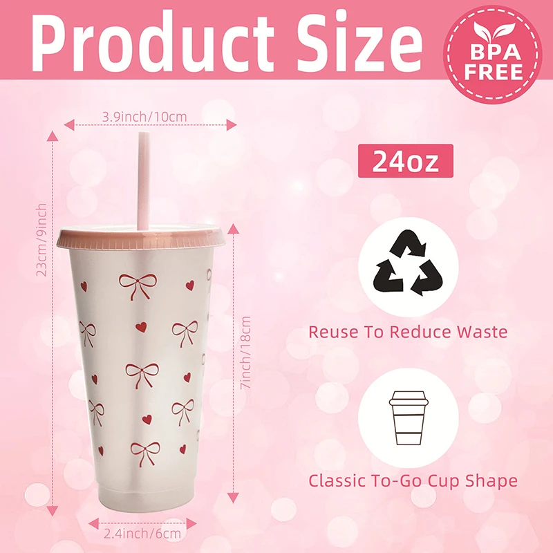 1Pc a Cute Bowknot Water Bottle Aesthetic Tumbler For Ice Coffee Juice Te Plastic Cups With Straw Lid Portable Drinking Bottle view 6