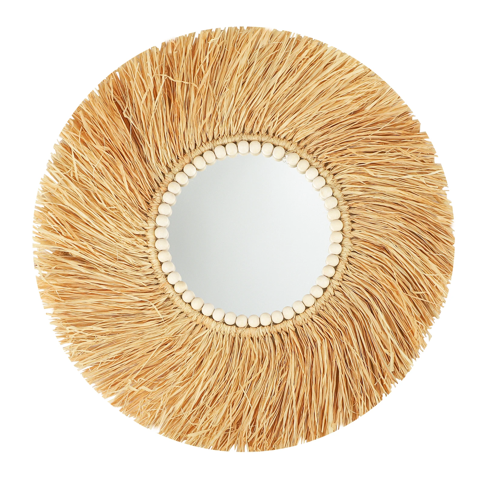 Raffia Wooden Bead Decor Mirror Hanging Wall Mirror Handmade Bamboo Decorative Boho  Mirror For Livingroom Decoration Bedroom