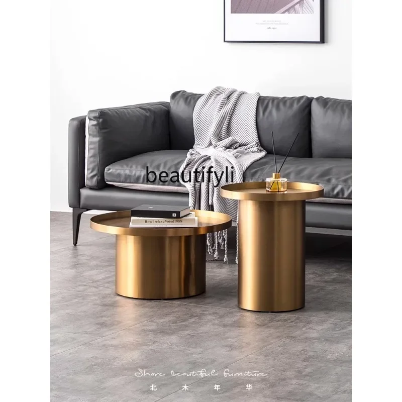 

07Nordic Designer Coffee Edge Light Luxury Modern Minimalist Living Room Coffee Table Combination Stainless Steel Metal Circle