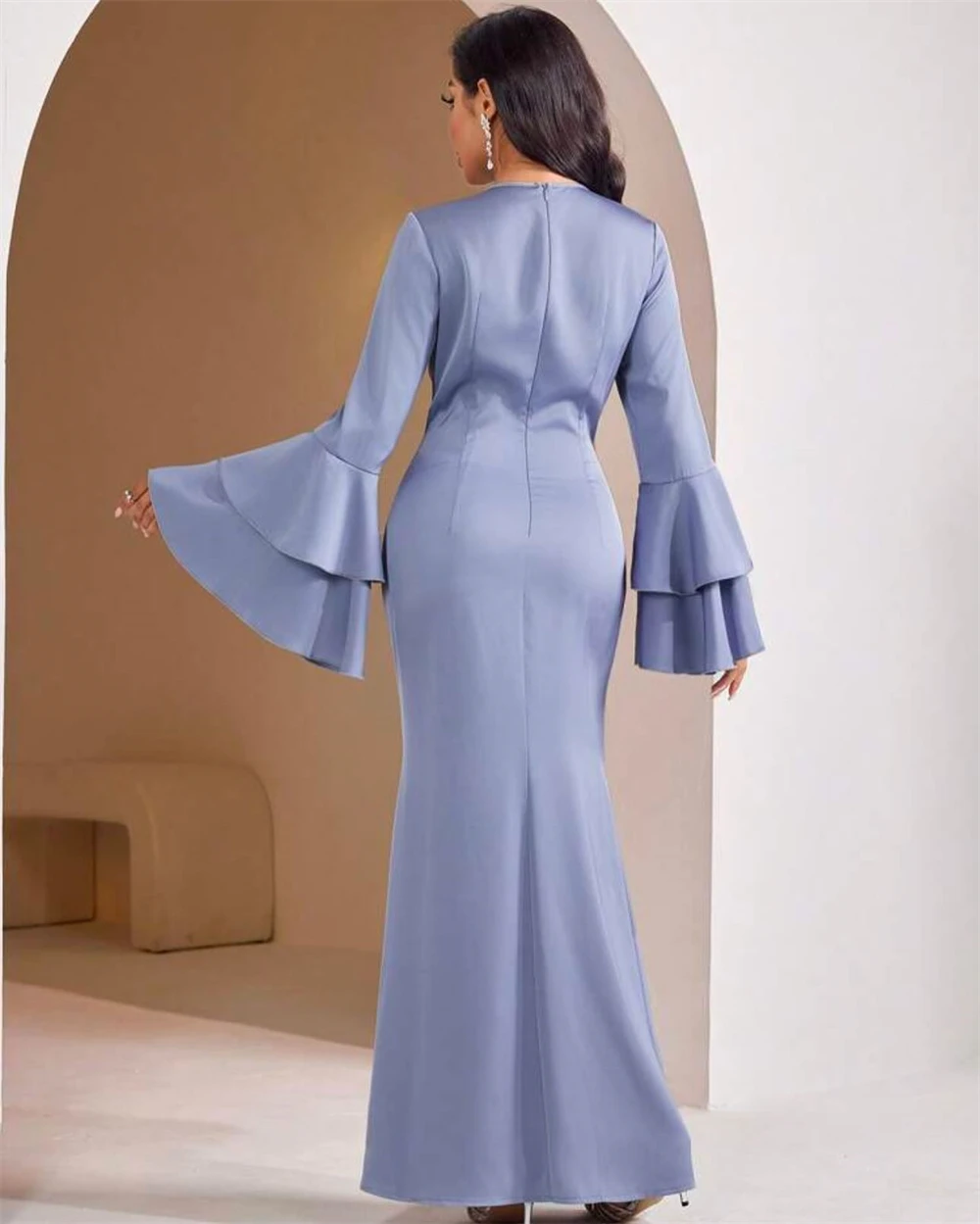 تخصيص رشيقة طاقم الرقبة حورية البحر مساء اللباس مزاجه الأكمام الطويلة الكشكشة فساتين المشاهير الكلاسيكية الساتان Pr #2