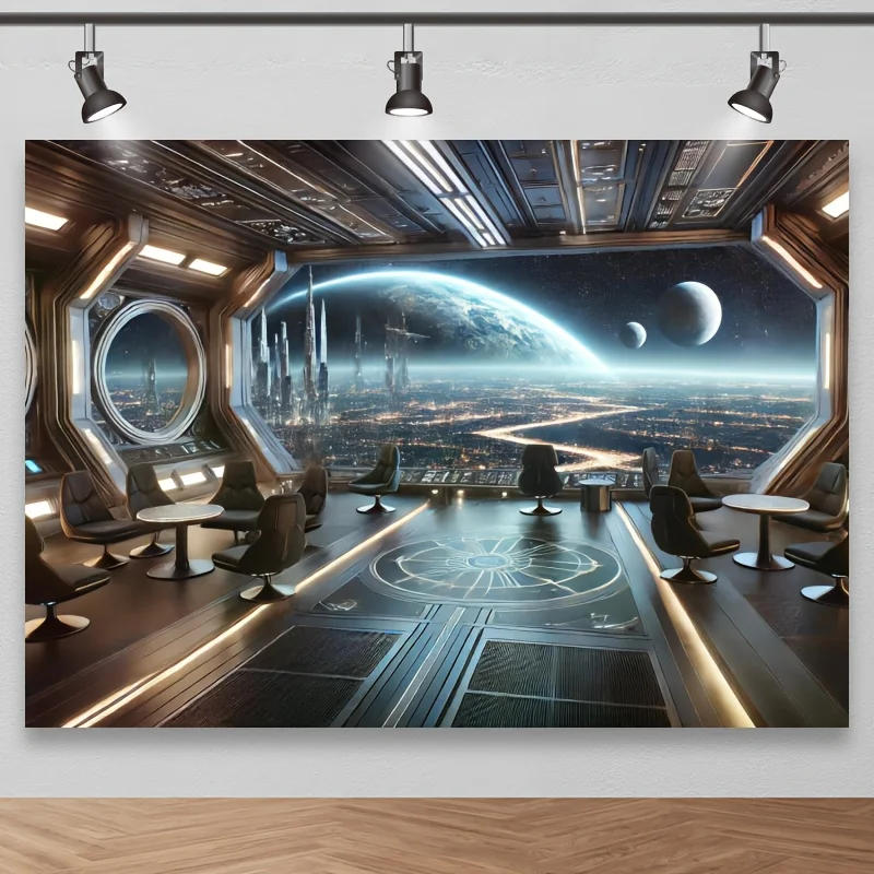 Hintergrund des Beobachtungsdecks der zukünftigen Raumstation, Polyester-Hintergrundstoff, Erde und Planeten