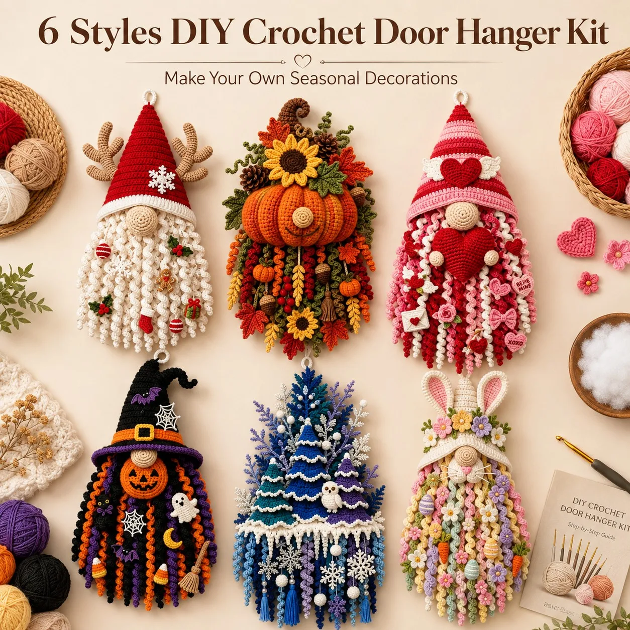 3D DIY Crochet Door Hanger Kit Handmade Wall Hanging Craft Set Seasonal Farmhouse Porch Decor Beginner Friendly Holiday Craft