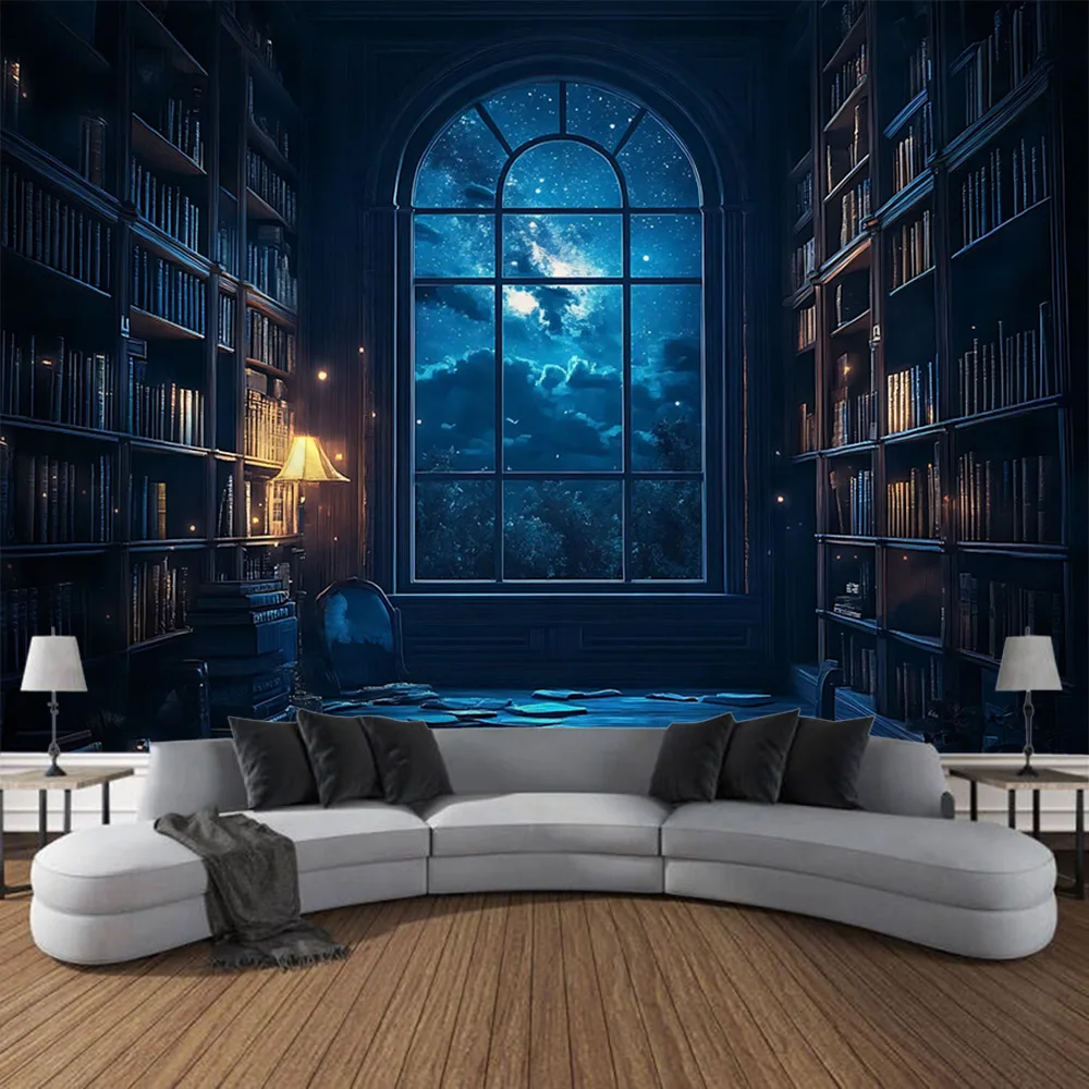 Vintage bookshelf tapestry dreamy window library wall hanging, aesthetic art decoration, home living room bedroom background