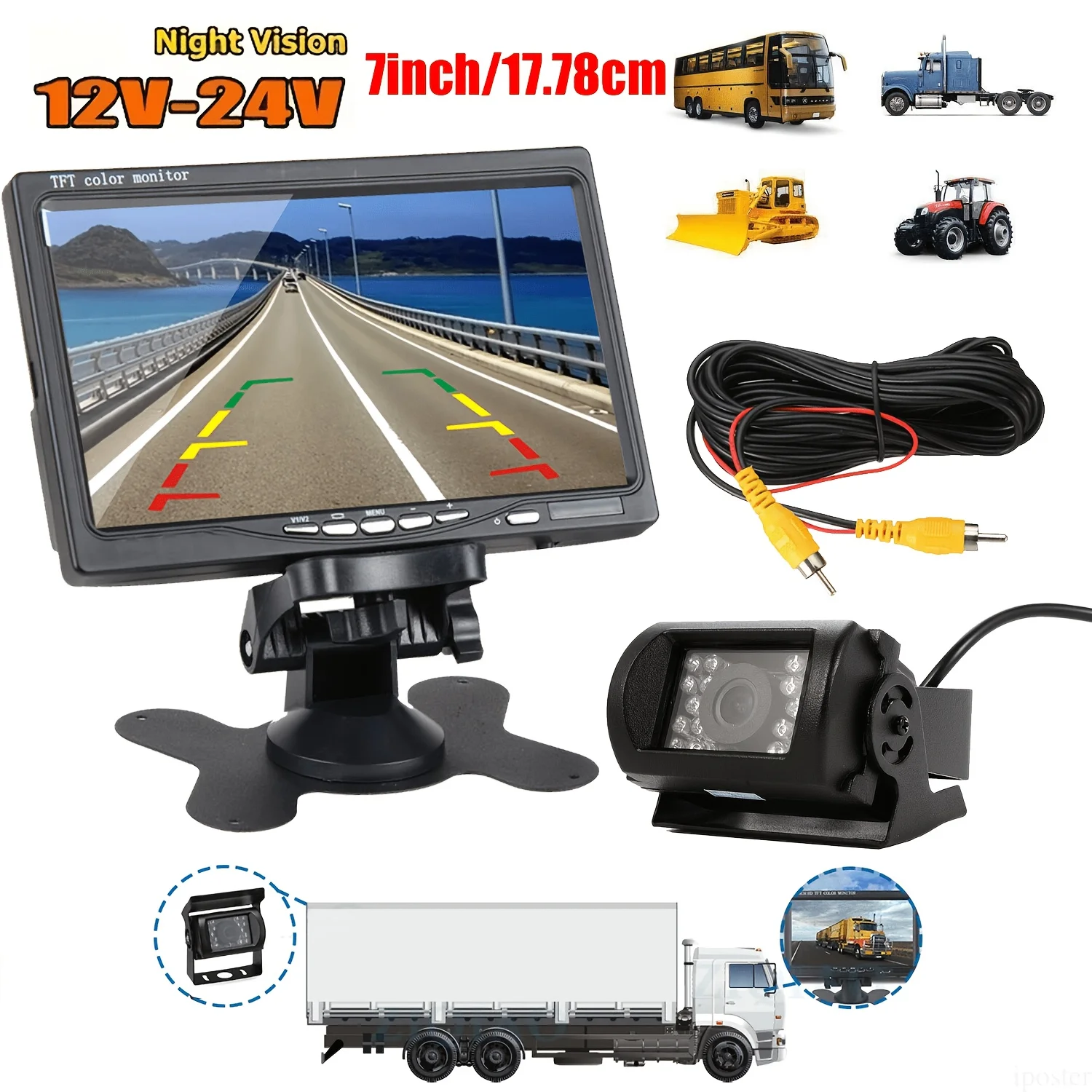 12–24 V, 7-Zoll-Rückfahrmonitor und 18-LED-Rückfahrkamera sowie Weitwinkel-Rückfahrkamera, 10 m AV-Kabel, einfache Installation – Nachtsicht