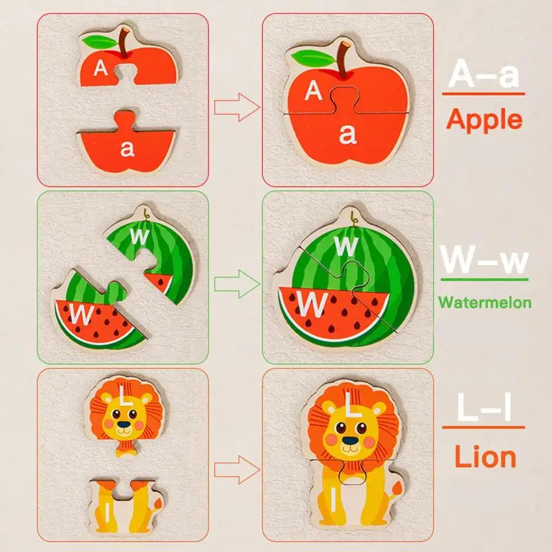 Children Animal Alphabet Puzzles Wooden Animal Shapes Matching Game Colorful Alphabet Learning Blocks Montessori Educational Toy