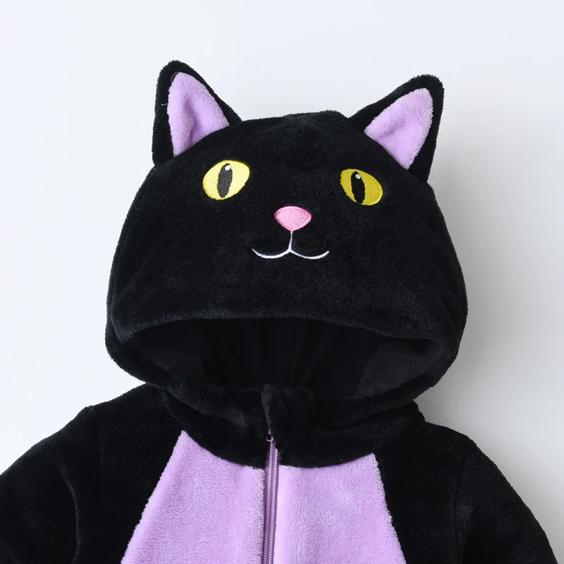 Toddler Infant Baby Furry Jumpsuit Long Sleeve Cartoon Cat Ear Hooded Romper Zipper Closure Fall Winter Clothes for Boys Girls