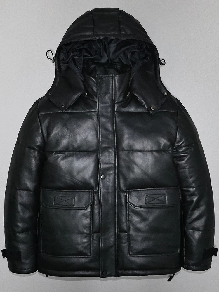 New Winter Men's Genuine Leather Duck Down Coat Real Natural Sheepskin Padded Jacket Thick Warm Cloth for Male Black XXXL 3XL