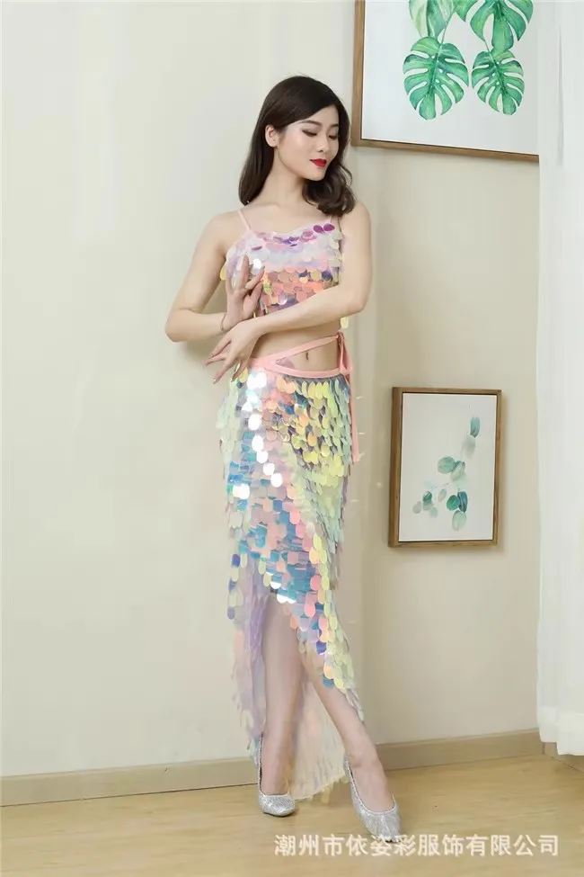 Colorful Scale Sequin Camisole Top+Long Dress 2pcs Belly Dance Female Singer Bar Nightclub Dancer Team Stage Performance costume