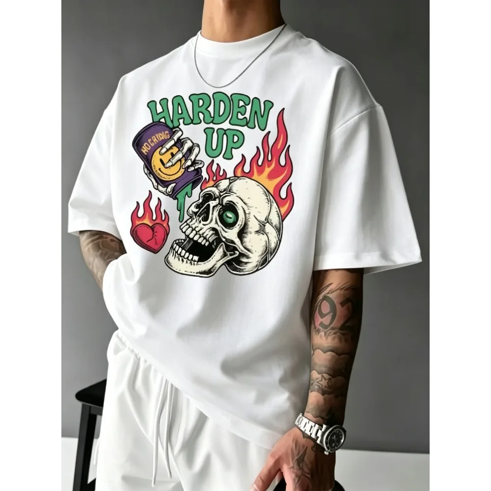 2026 New Harden Up Skull Graphic T-shirt Men Women Flame Broken Heart Print Short Sleeve Tops Y2K Streetwear Casual Summer Tees