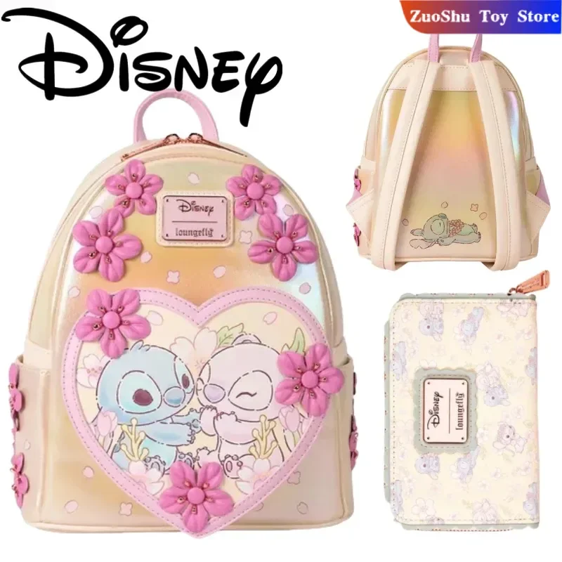 

New Loungefly Disney Stitch & Angel Cherry Blossom Heart Mini Backpack Wall Women'S Purse Gift Card Bag Double Fold Coin Purse