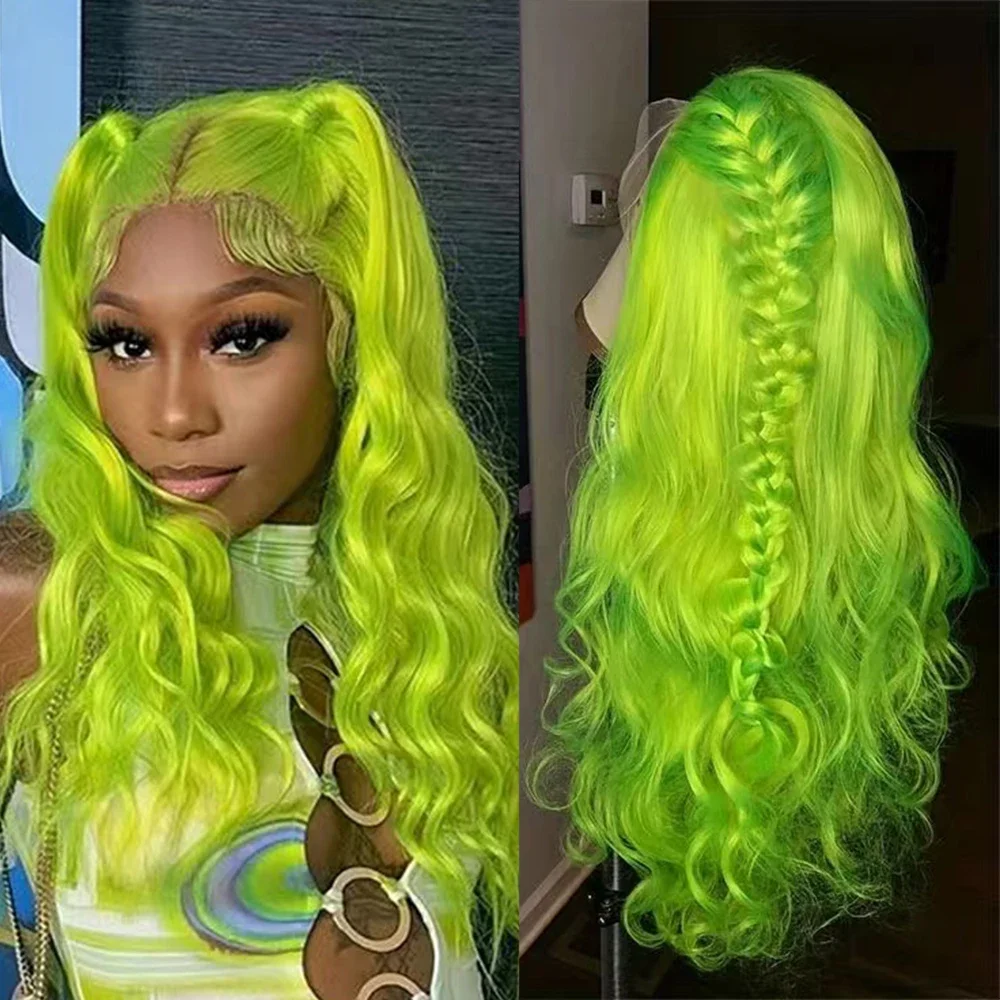 Bright Green Body Wave Lace Front Human Hair Wigs For Women Lime Green Colored Human Hair Wigs 13x4 Lace Frontal Wig Pre-Plucked