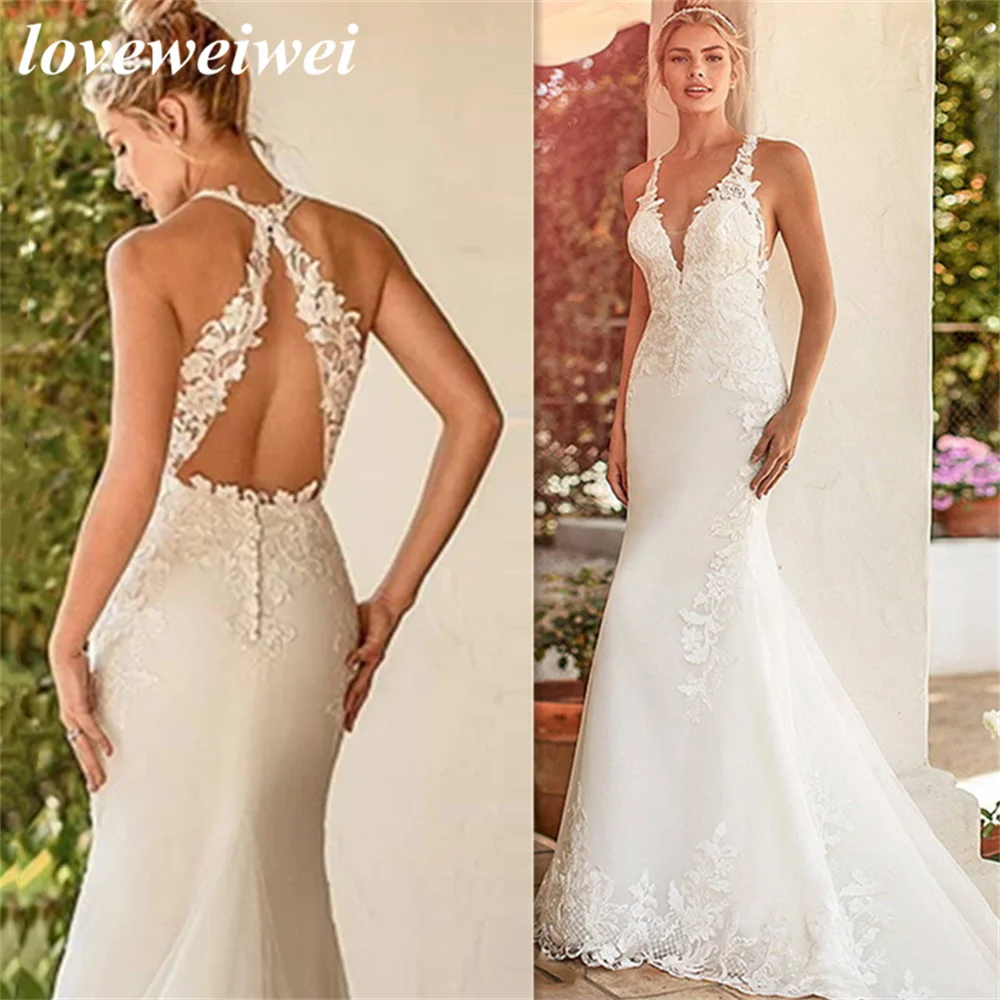 Abito da sposa Sexy a sirena senza maniche con scollo a v per donna 2022 Appliques in pizzo Boho abito da sposa con lunghezza del pavimento sul retro aperto su misura