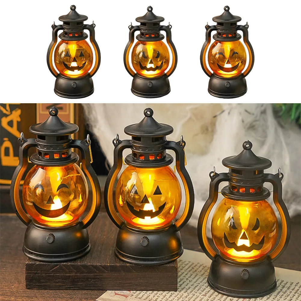 Halloween lampu lentera gantung labu LED lampu hantu lampu lilin Retro lampu minyak kecil pesta Halloween dekorasi rumah alat peraga horor