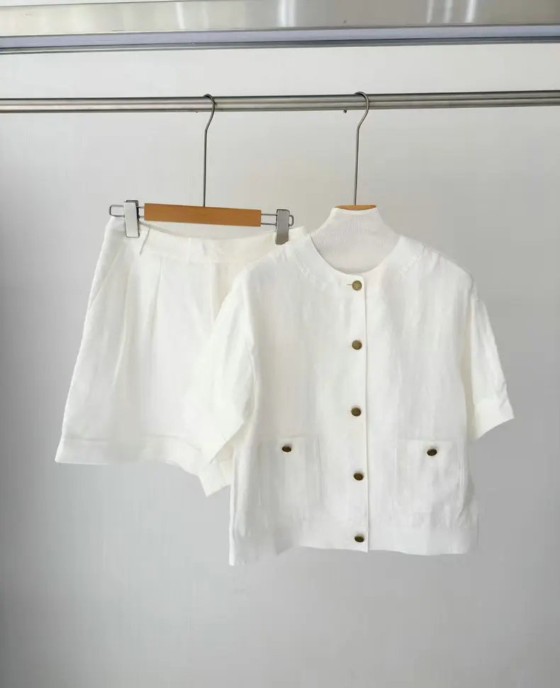 26 Spring and Summer New Linen Short-sleeved Set Crewneck Button Two-piece Set Women's Casual Elegant Shorts 2 Piece Sets Women