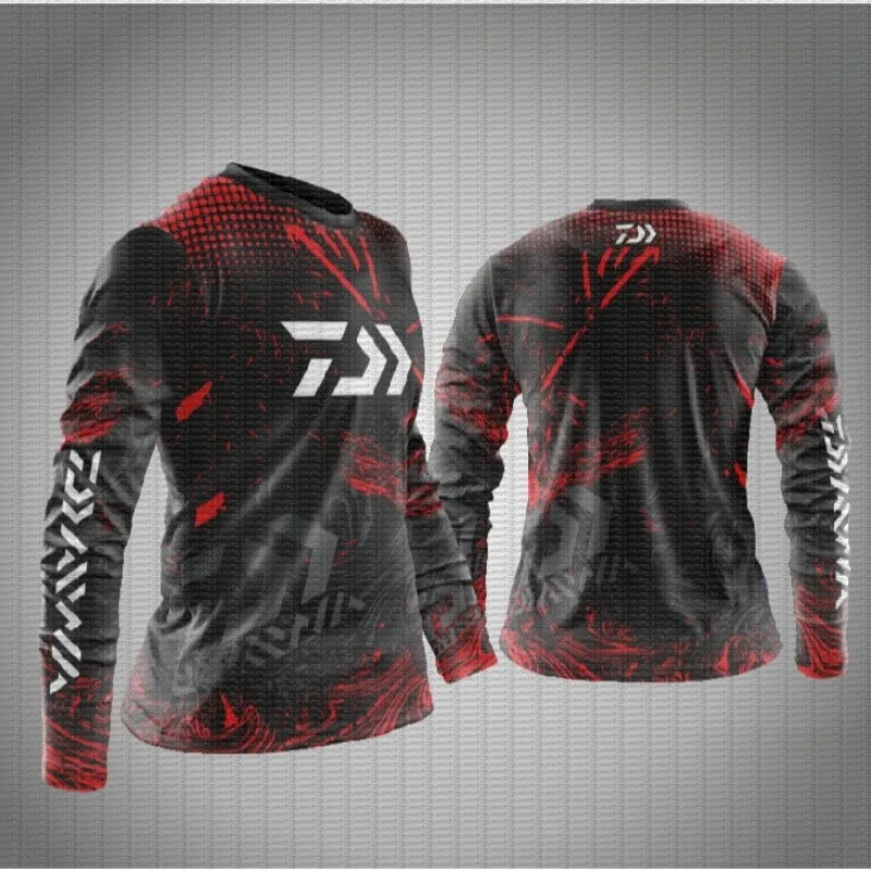 Men's Competitive Fishing Long Sleeved Shirt with Red and Black Graffiti Full Print, Breathable Sea Fishing Sun Protection Shirt