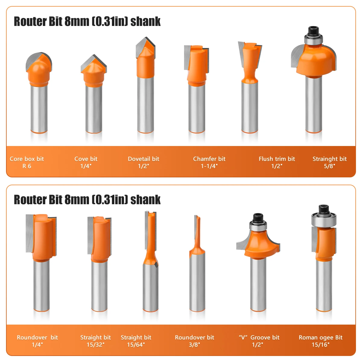 12pcs 8mm Shank Router Bit Set Woodworking Milling Cutters Trimming Straight Chamfer Ogee Bits Carbide Engraving Cutting Tools