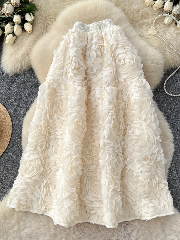 엘리 하이웨이스트 3D 플로럴 디자인 여성용 패셔너블 슬리밍 퍼프 스커트 한국 스타일 출퇴근용