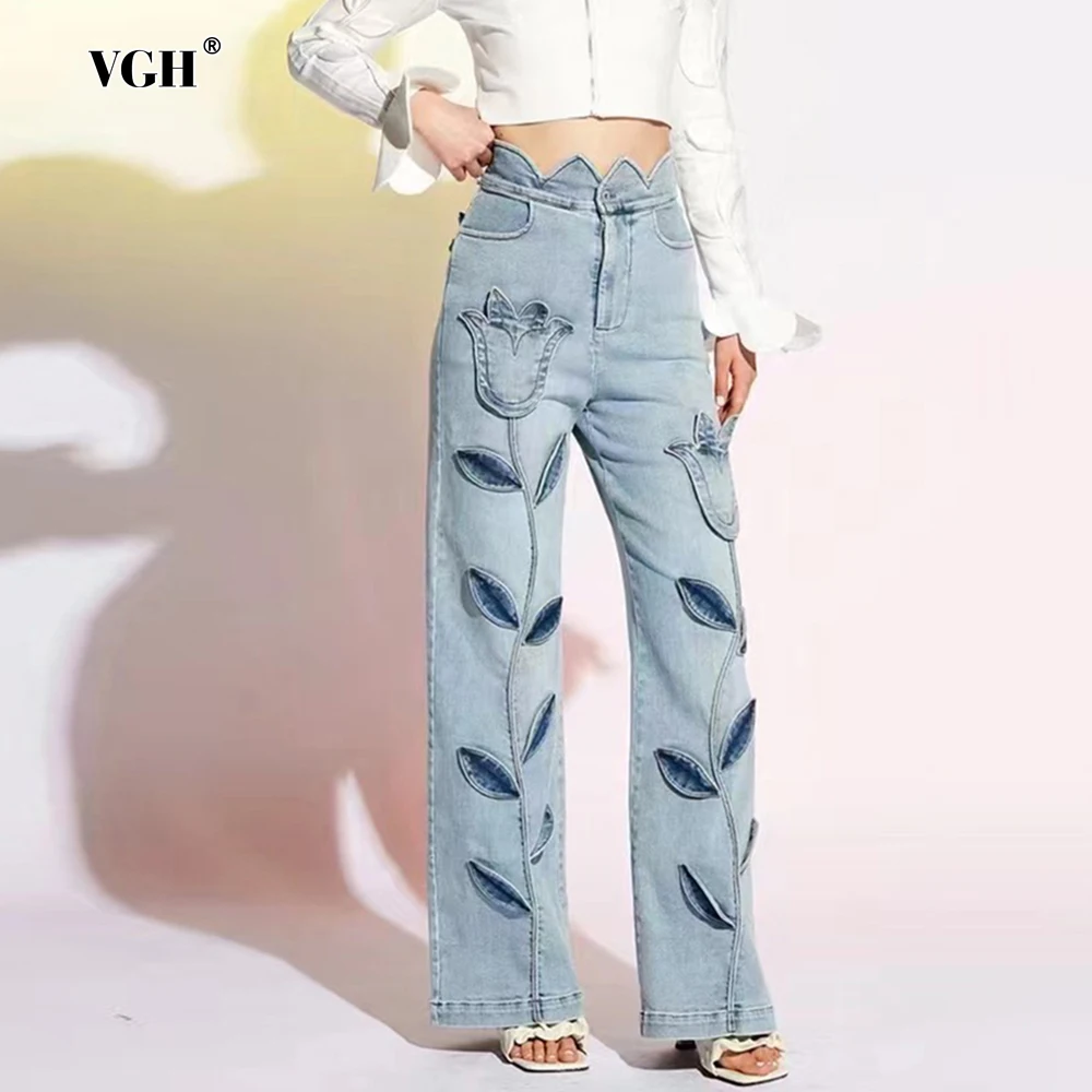 

VGH Casual Patchwork Applqiues Denim Trousers For Women High Waiast Minimalist Loose Solid Straight Pants Female Fashion Style