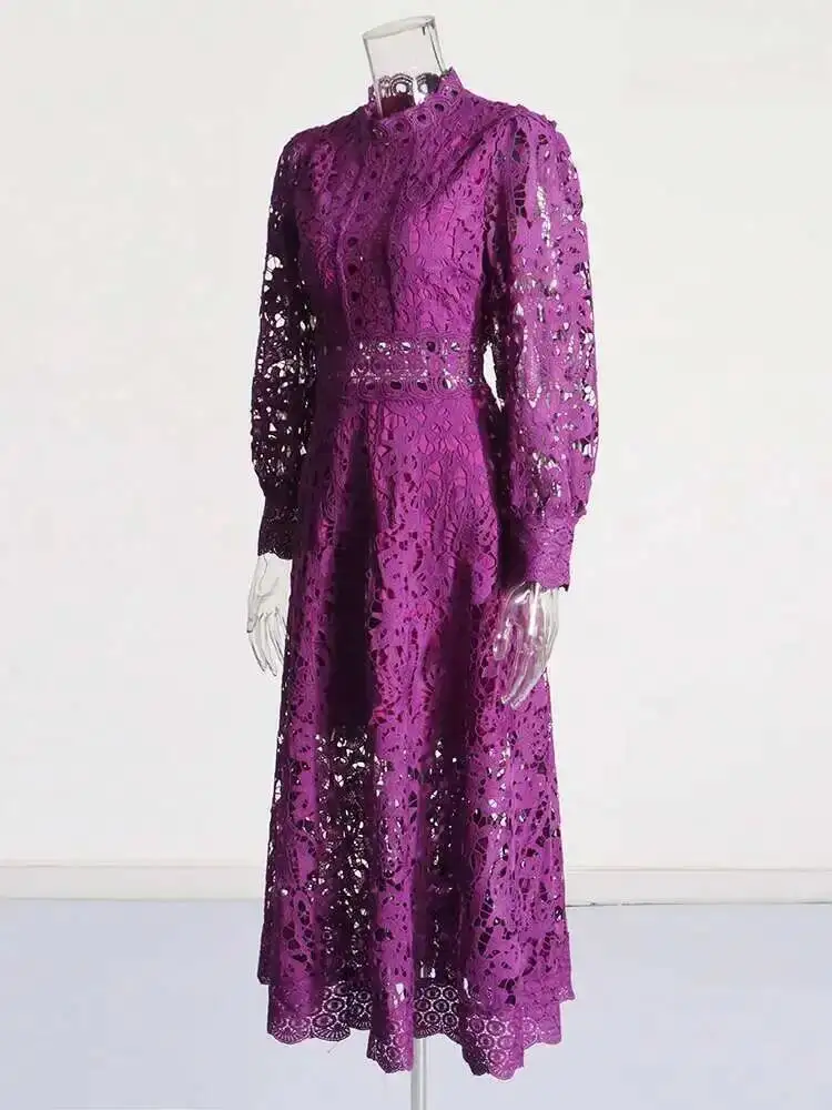 Purple Green Dress For Women Stand Collar Long Sleeve High Waist Cut Out Solid Midi Dresses Female Autumn Clothes 2025 New PA8W