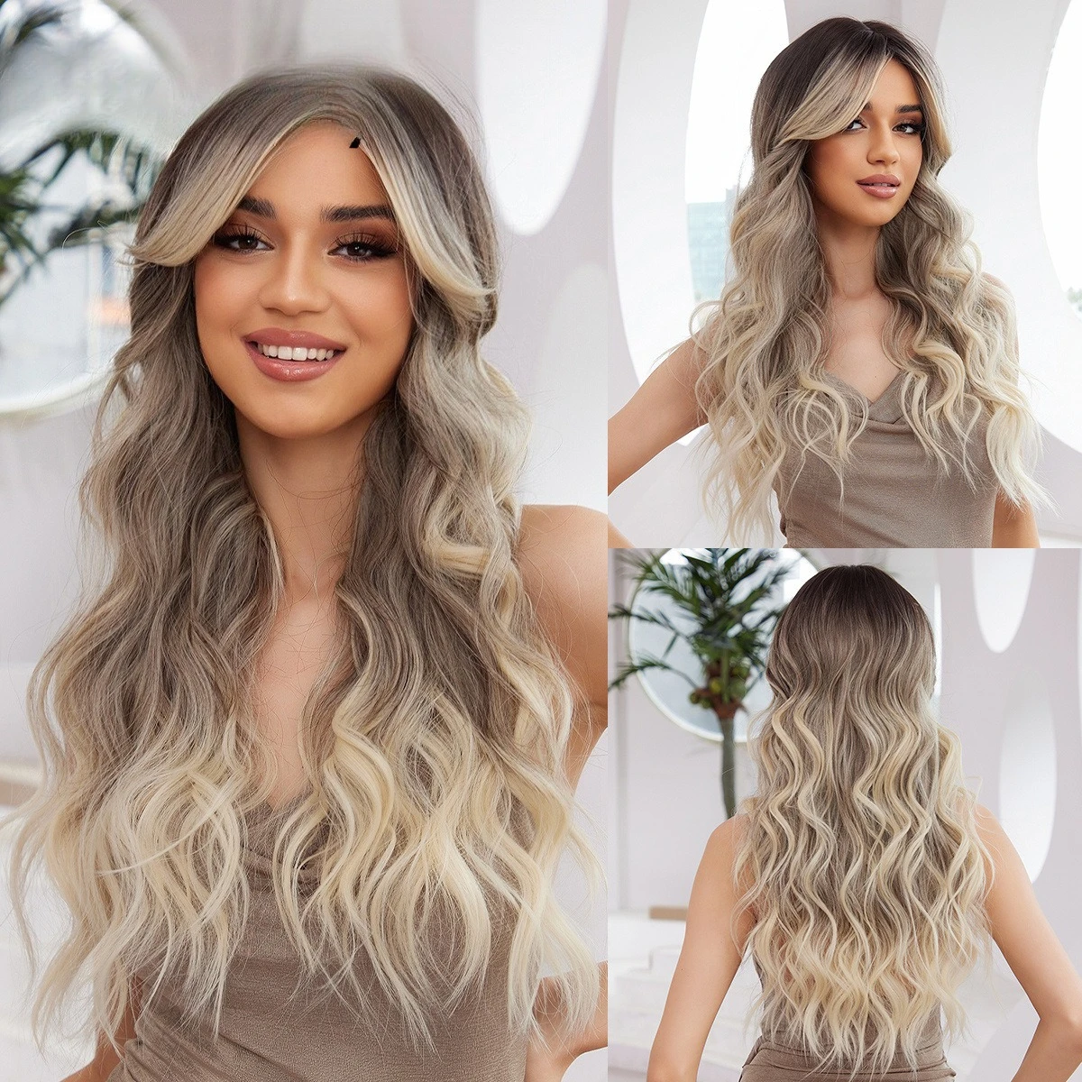 

European and American wigs are hot-selling medium and long curly hair, gradual change, gray and white chemical fiber wig headgea