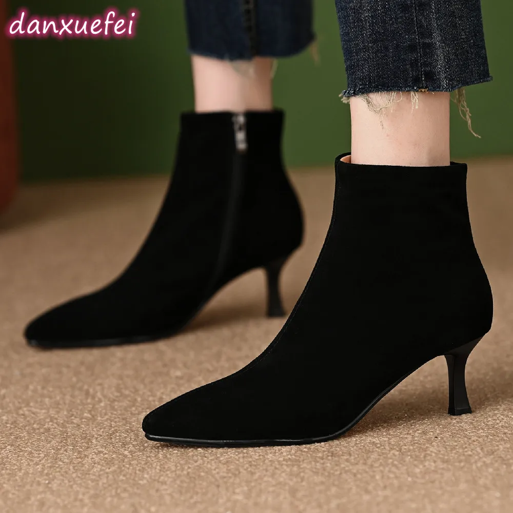 danxuefei women\'s boots 2023 autumn new natural suede leather 6cm thin high heel pointed toe side zip ankle boots elegant shoes