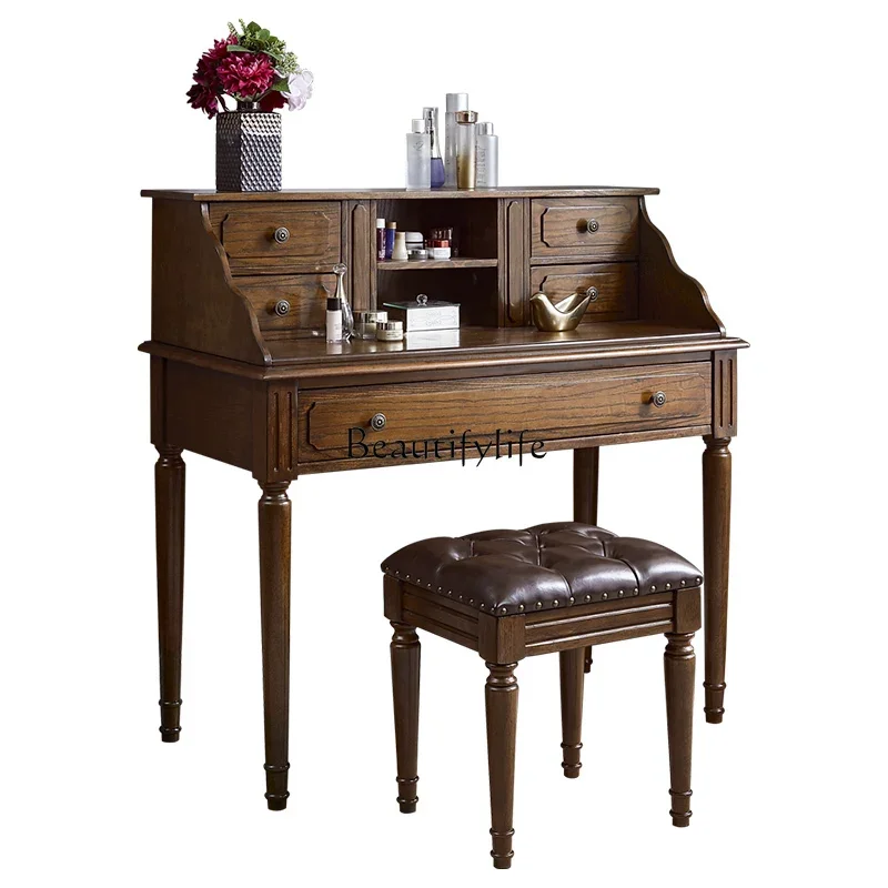 

09 All Solid Wood American Light Makeup Table Dressing Table Integrated Desk Without Mirror