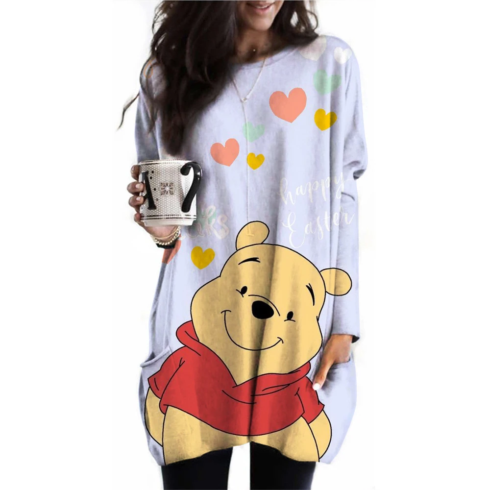 2024 Spring and Autumn Women's Daily Sports Shirt Disney Winnie the Pooh Long Sleeve Loose Casual Solid Color Fashion Hoodie Spo