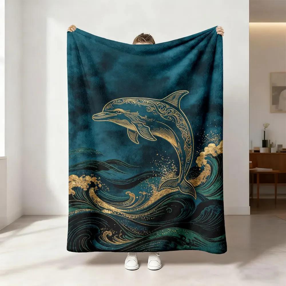 Luxury Ocean Dolphin Watercolor Throw Blanket Deep Sea Art Coastal Decor Gift for Bedroom Living Room