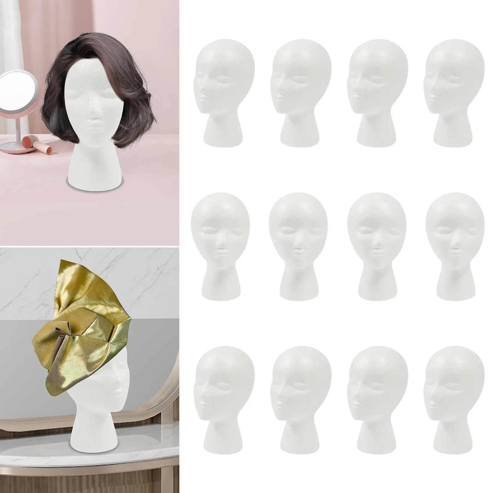 

12-Pack White Wig Display Heads - 11" (28cm) Lifelike Female Mannequin Heads, EPS Foam for Salon Styling