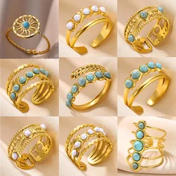 Boho Blue Natural Stone Ring For Women Men Gold Color Stainless Steel Ring Hollow Adjustable Opening Rings Jewelry Gift