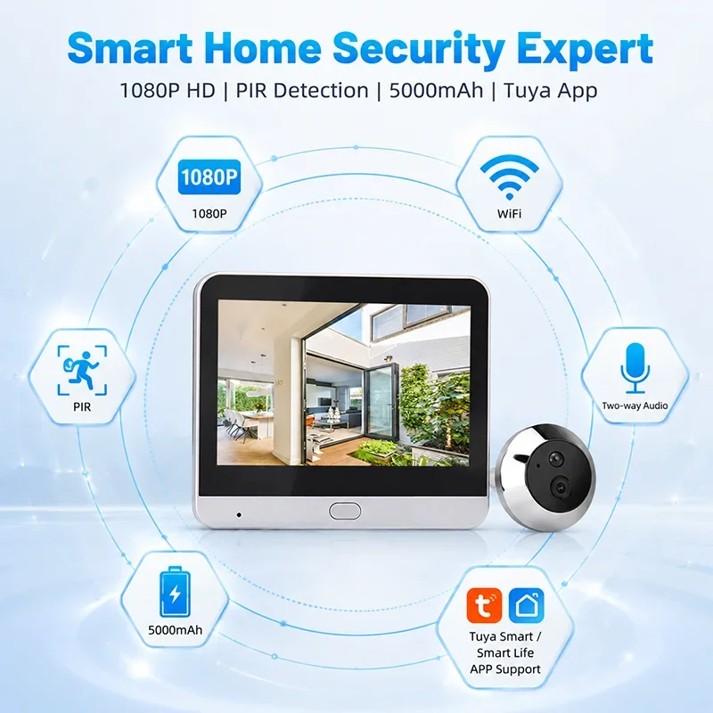 3MP Wireless Digital Door Eye Camera Tuya WiFi Peephole Cam 4.3‘’ Monitor 5000mAh PIR Alarm Two Way Audio Compatible For Alexa