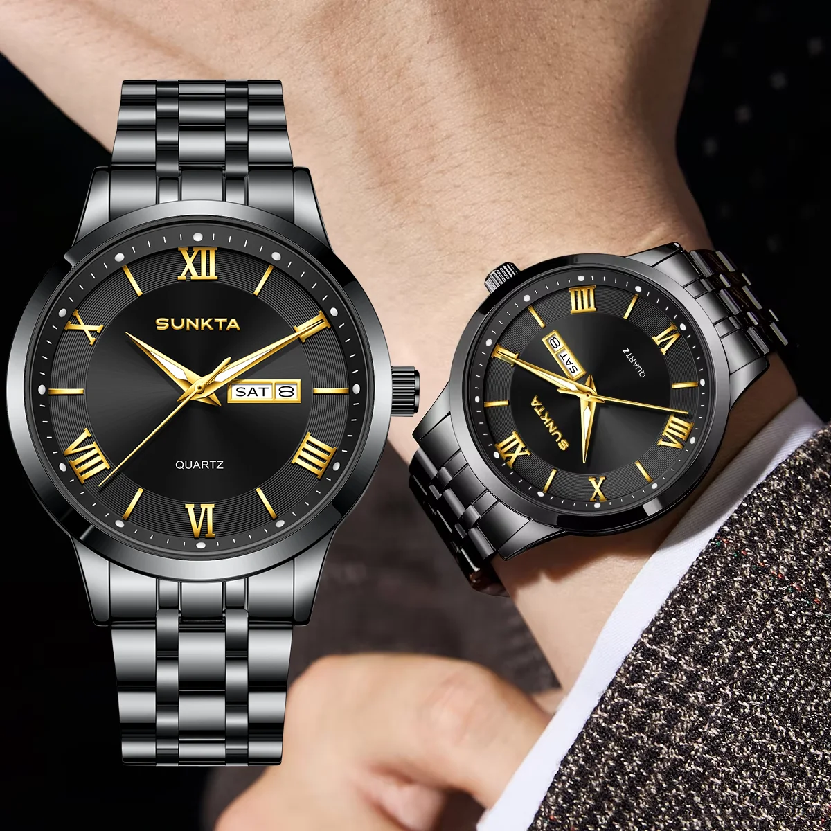 SUNKTA Top Fashion New Waterproof Men Wristwatch Business Dual Calendar Luminous Roman Scale Dial Luxury Quartz Watch for Men