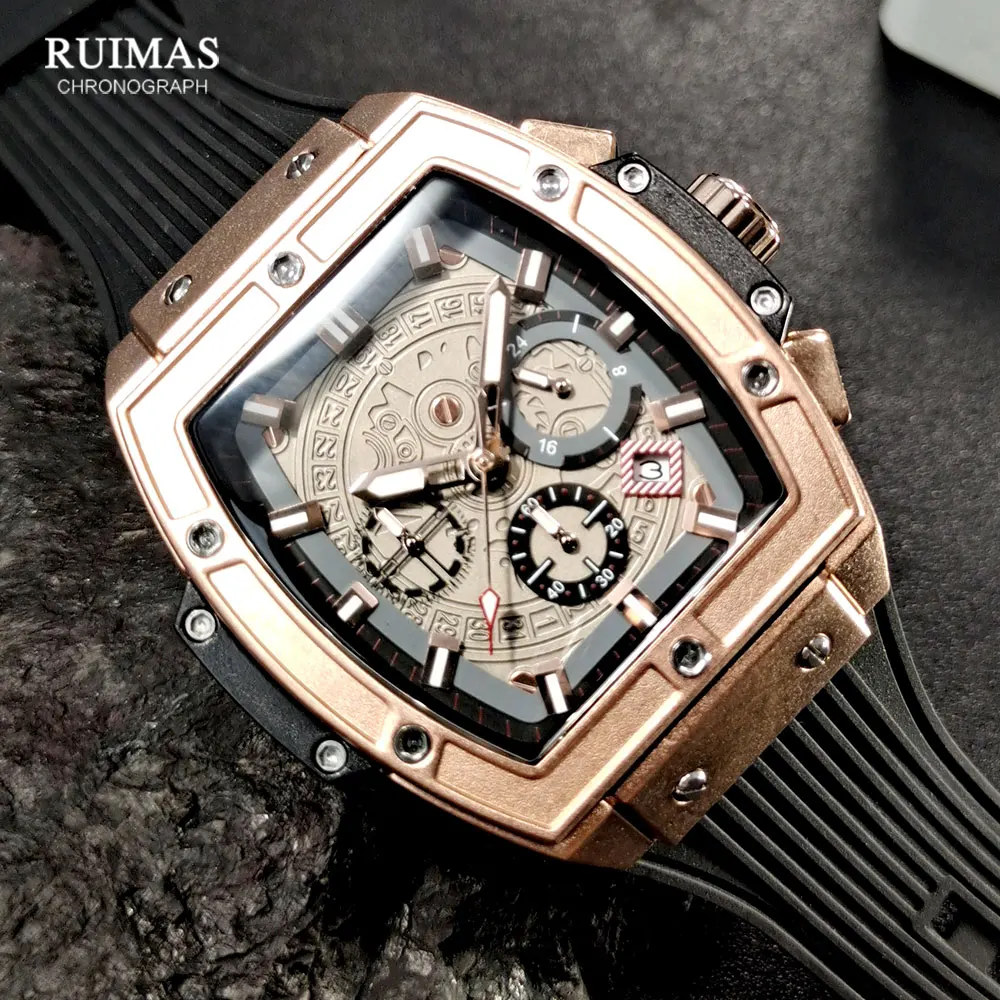 RUIMAS Tonneau Dial Chronograph Quartz Watches for Men Fashion Sport Waterproof Wristwatch with Silicone Strap Date 24-hour 333