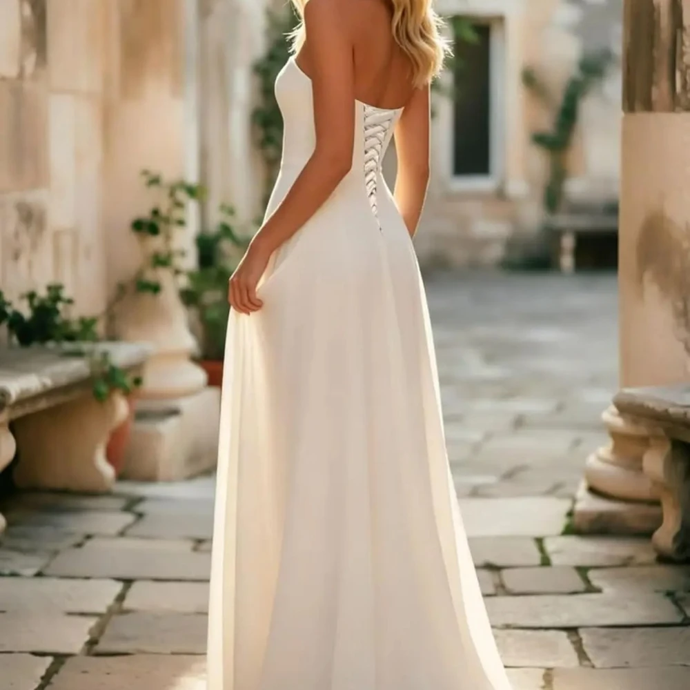 Customized Strapless Long Chiffon Wedding Dresses for Bride A Line Boho Wedding Gown Sweet Beach Bridal Dresses for Women