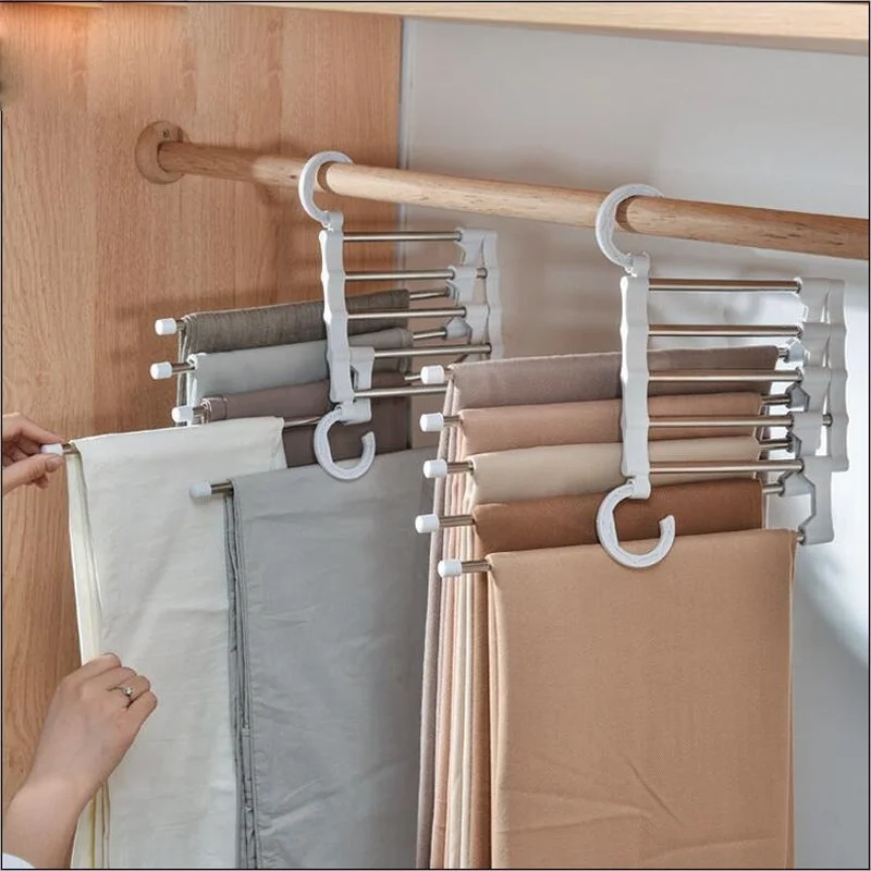 

5 in 1 Stainless Steel Wardrobe Adjustable Magic Trouser Hangers Multifunction Pant Rack towel Shelves Closet Organizer