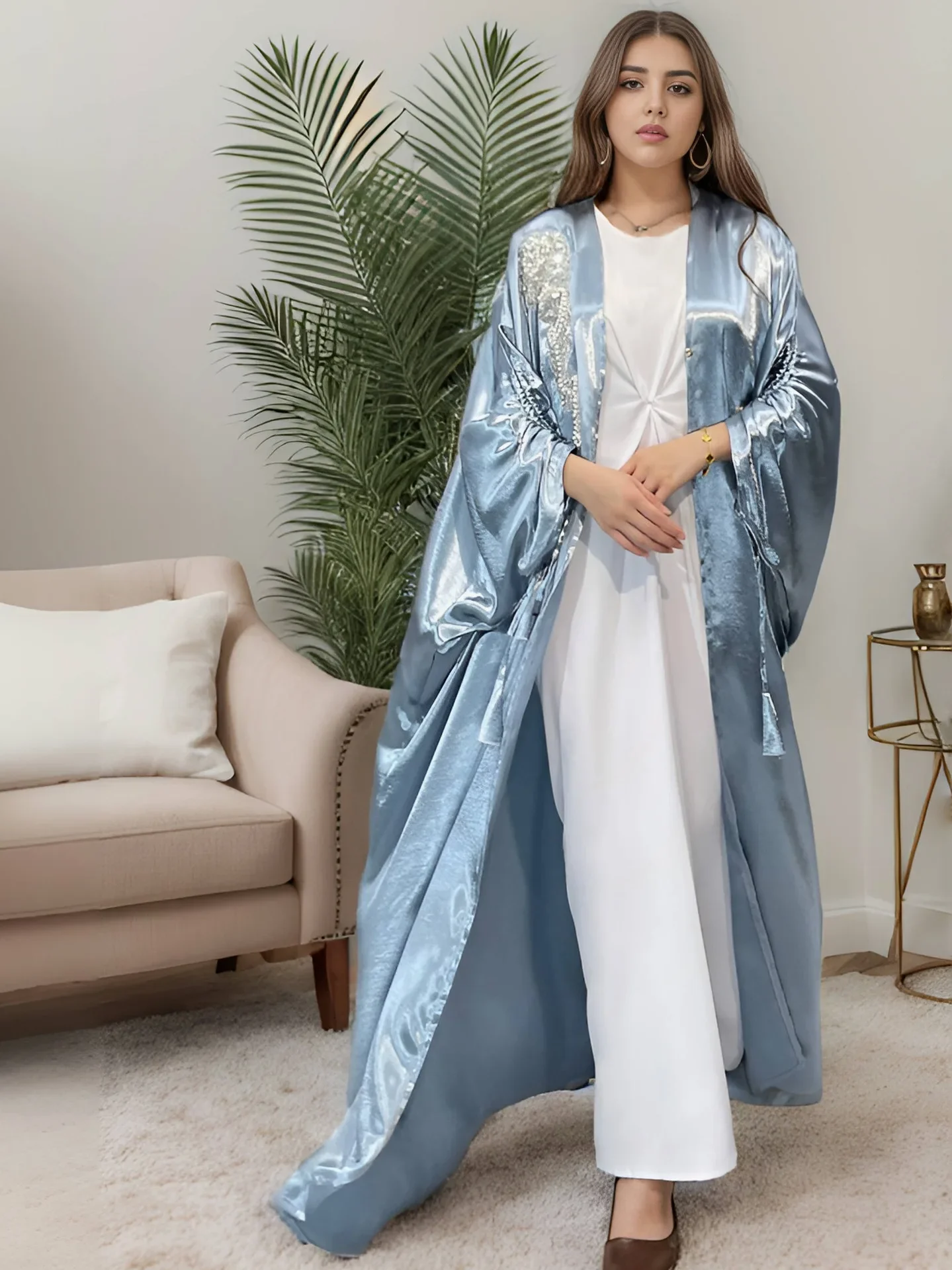 Elegant Satin Abayas for Women Dubai Kimono Cardigan Muslim Dress Eid Ramadan Jalabiya Turkish Kaftan Islamic Clothing Robe Gown