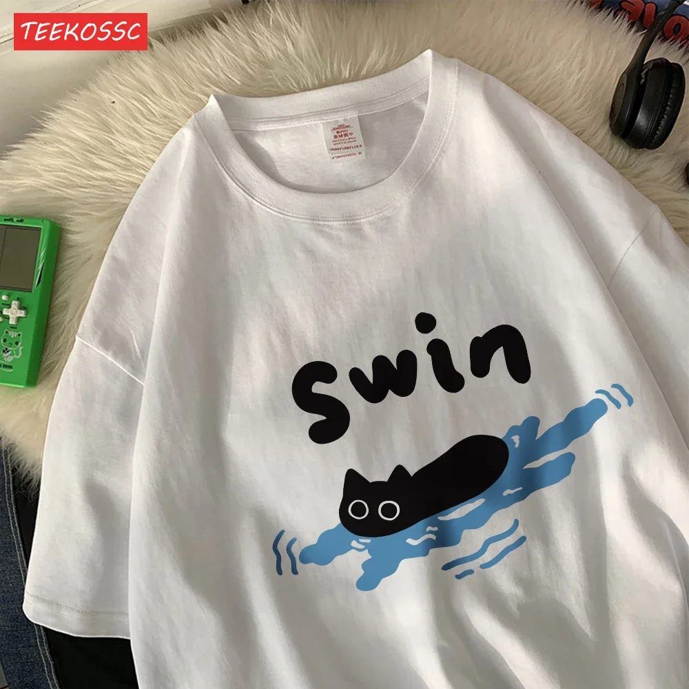 swimmingcamisetasfeminina desenhos animados impressão topos solto o-pescoço macio e confortável camisetas roupas de verão