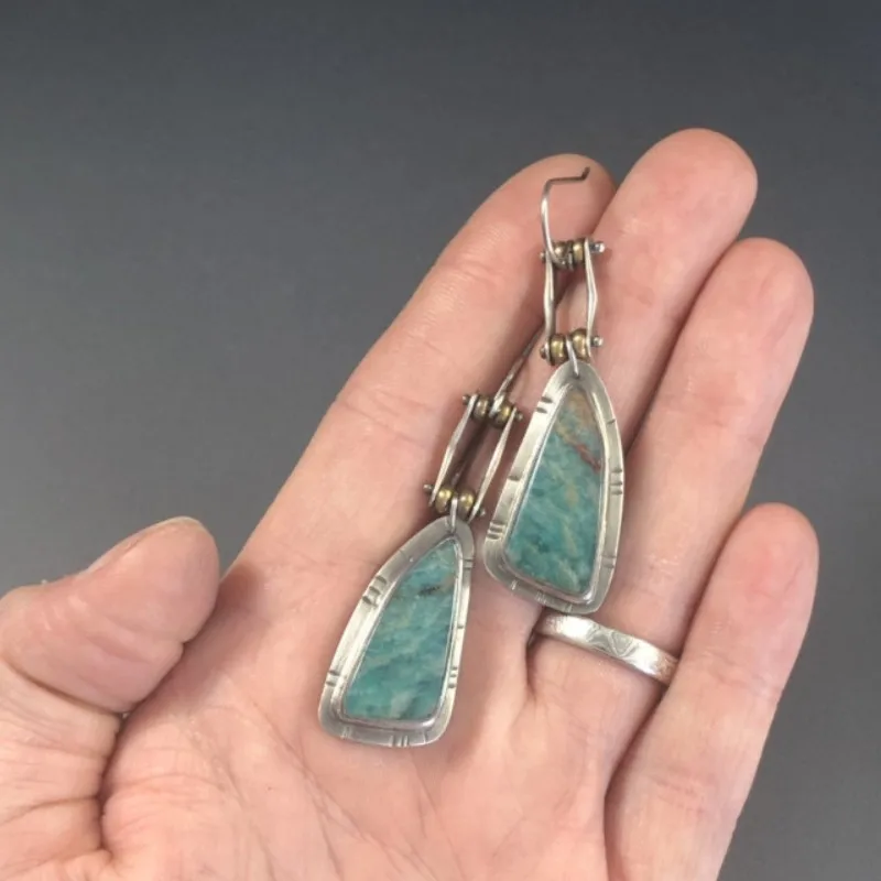 Boho Dangle Earrings for Women Vintage Irregular Turquoise Drop Earrings Ethnic Retro Pendant Ear Hook Beach Party Jewelry Gift