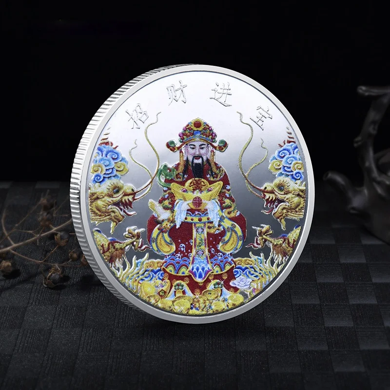 Chinese Myth Tale Characters God of Wealth Collection Coin Hand Holding Ingot Gives You Money Lucky Badge Souvenir Gifts