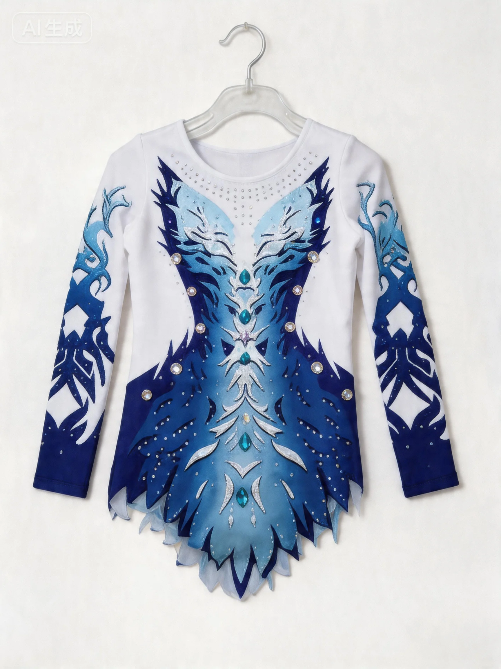 

Kids Cheer Uniforms Gradient Blue White Long Sleeve Sparkling Rhinestone Figure Skating Costume for Girl Performance Competition